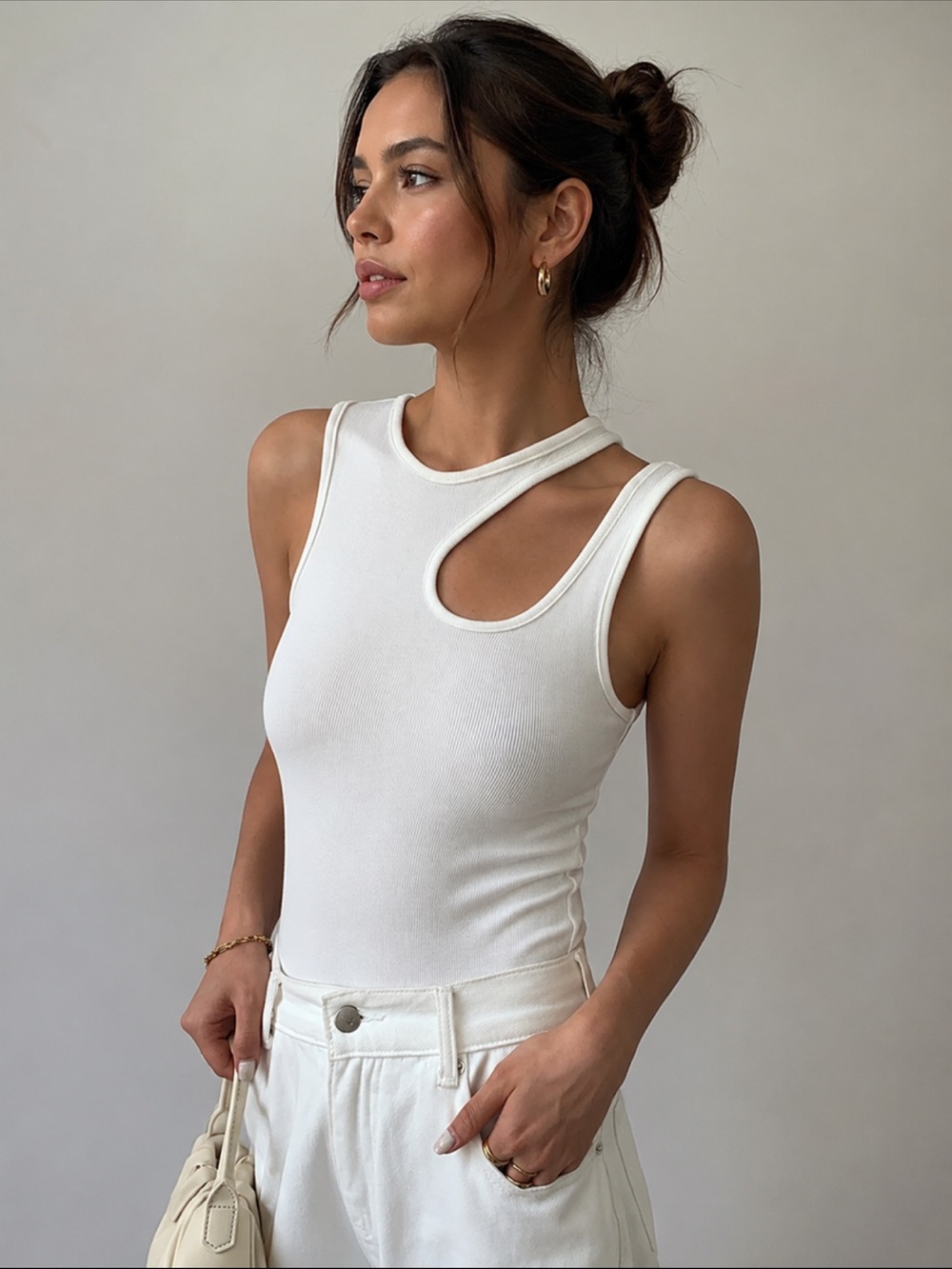 Commense White Cutout Ribbed Tank